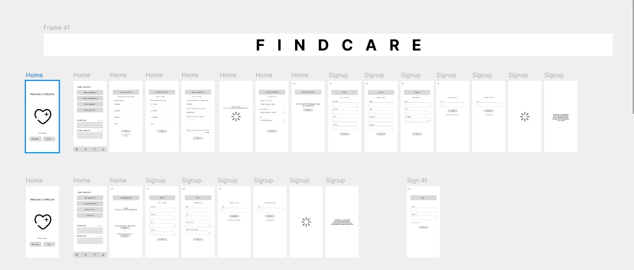 FindCare low fidelity prototype screens