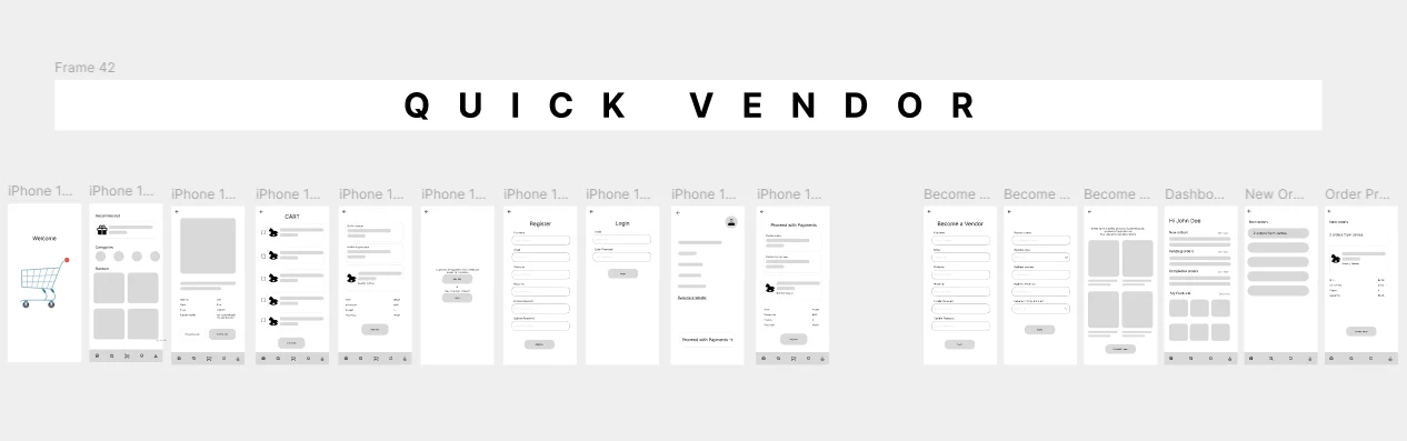QuickVendor low fidelity prototype screens